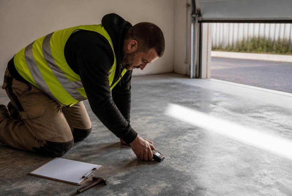 A technician in hi-vis kneeling on a bare garage slab, pressing a moisture meter to the concrete