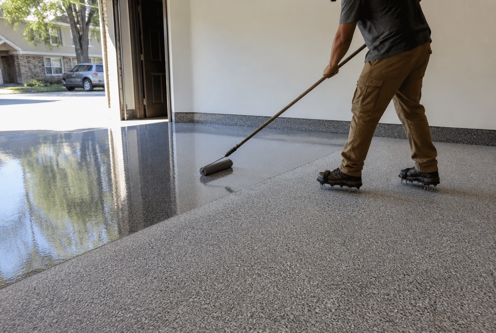 An installer in spiked shoes rolling a clear gloss topcoat over a grey flake garage floor