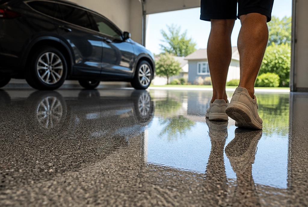 A finished high-gloss flake garage floor with an SUV parked on it and someone stepping onto it