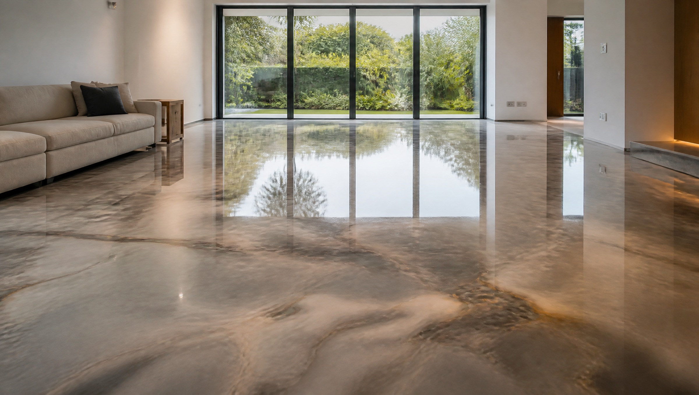 An open-plan living room on a high-gloss metallic epoxy floor with bronze and charcoal veining, mirroring the garden doors