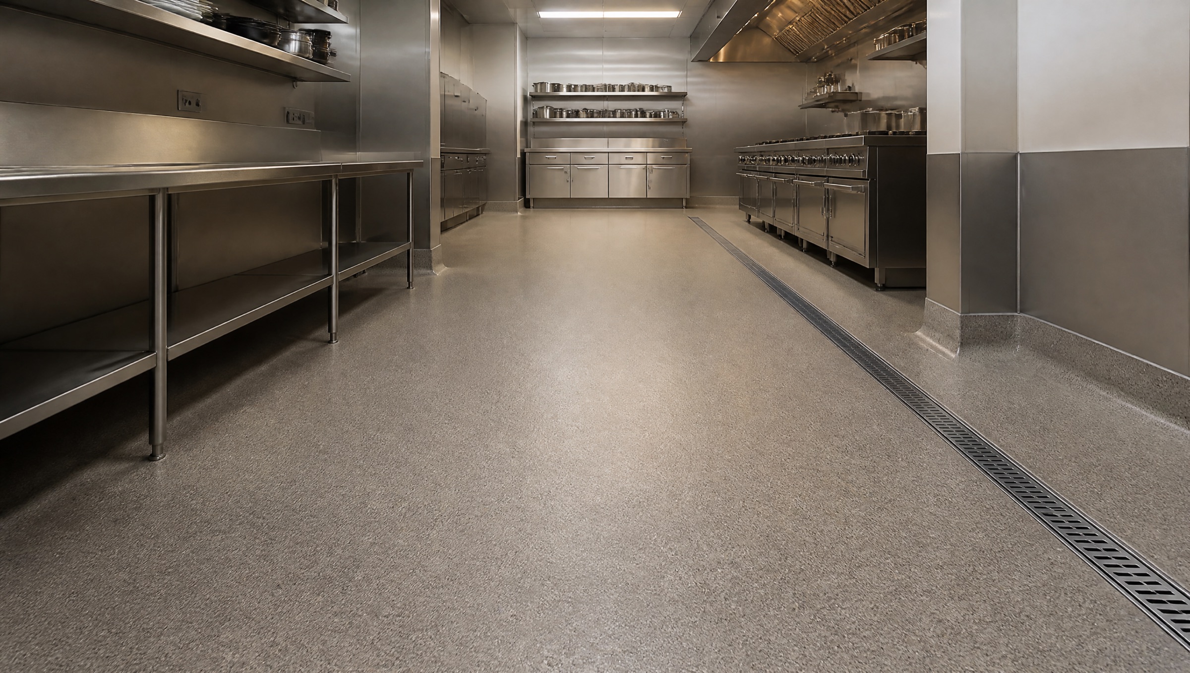 A stainless steel commercial kitchen on a textured quartz floor with coved skirting and a slot drain