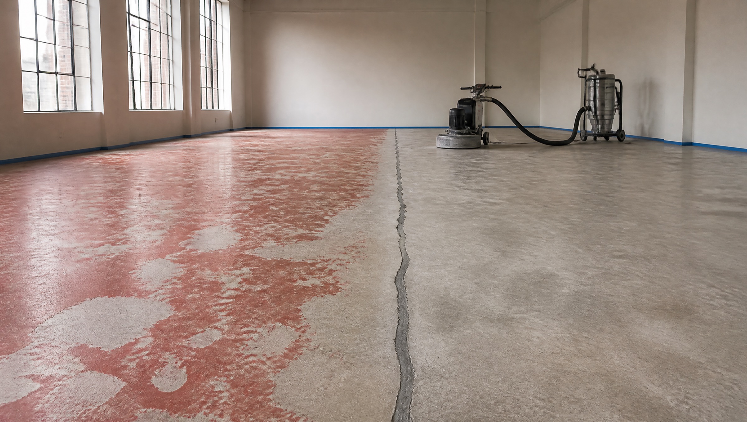 A workshop floor mid-repair: old red coating peeling away on one side, ground concrete with a filled crack on the other, and a floor grinder with its dust extractor