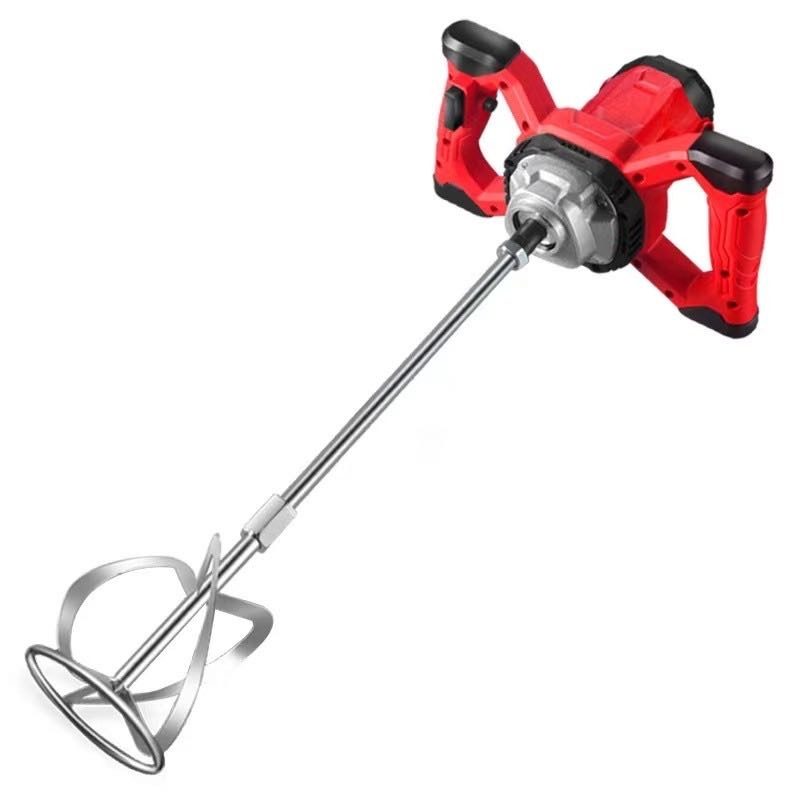 A red two-handed paddle mixer with a long shaft and a helical mixing basket