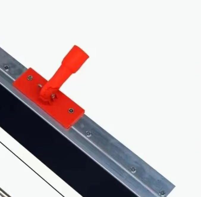 The head of a notched resin squeegee: a black blade in an aluminium bar with a red cast handle